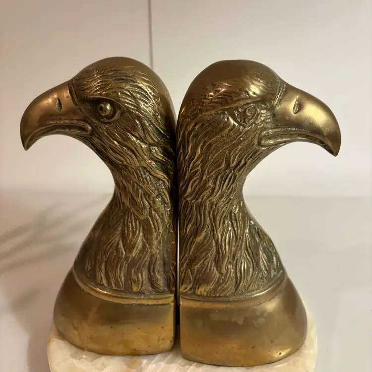 Pair Of Vintage Solid Brass American Eagle Head Bookends
