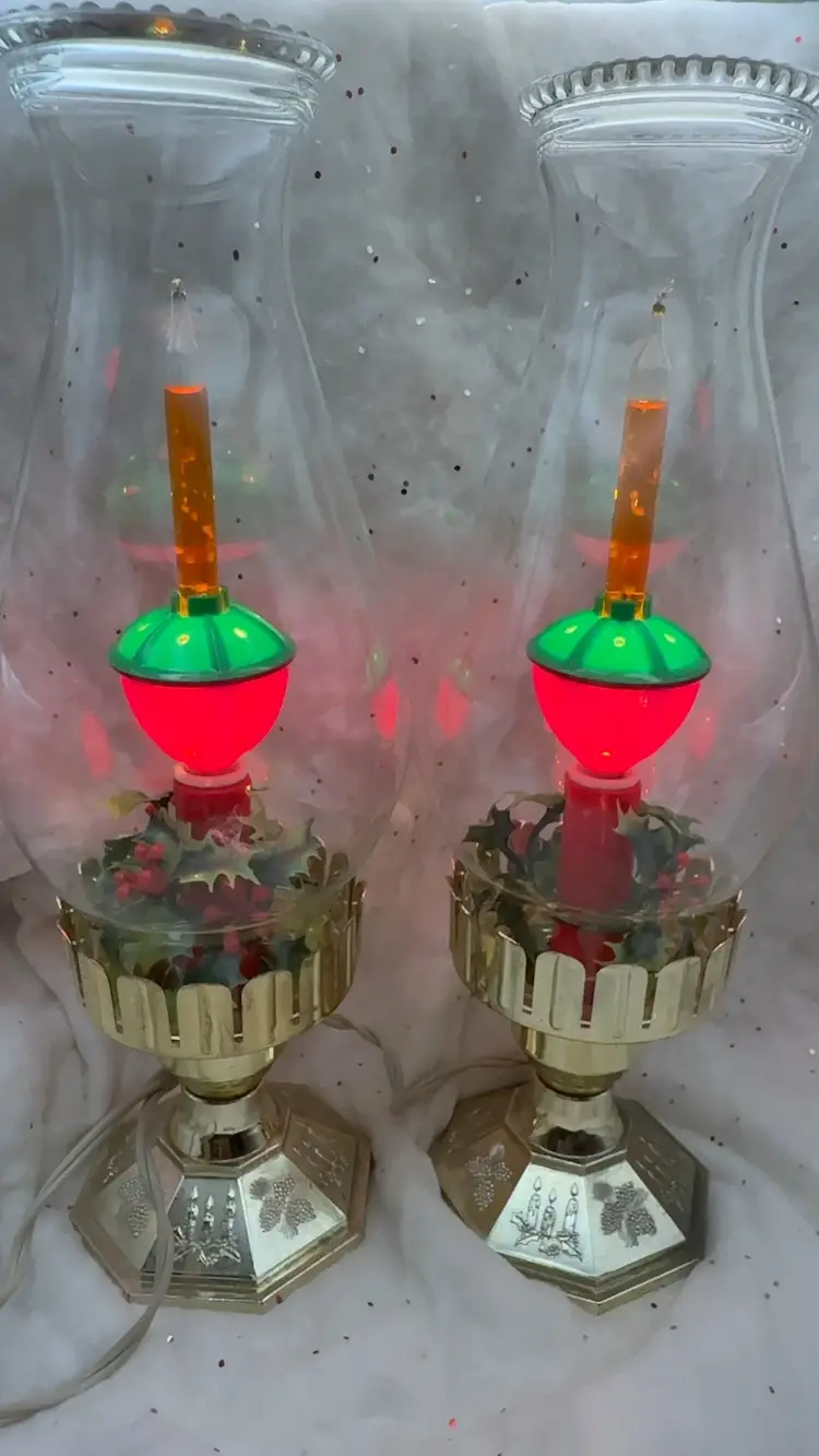 Vintage Pair Christmas Hurricane Bubble Lamps