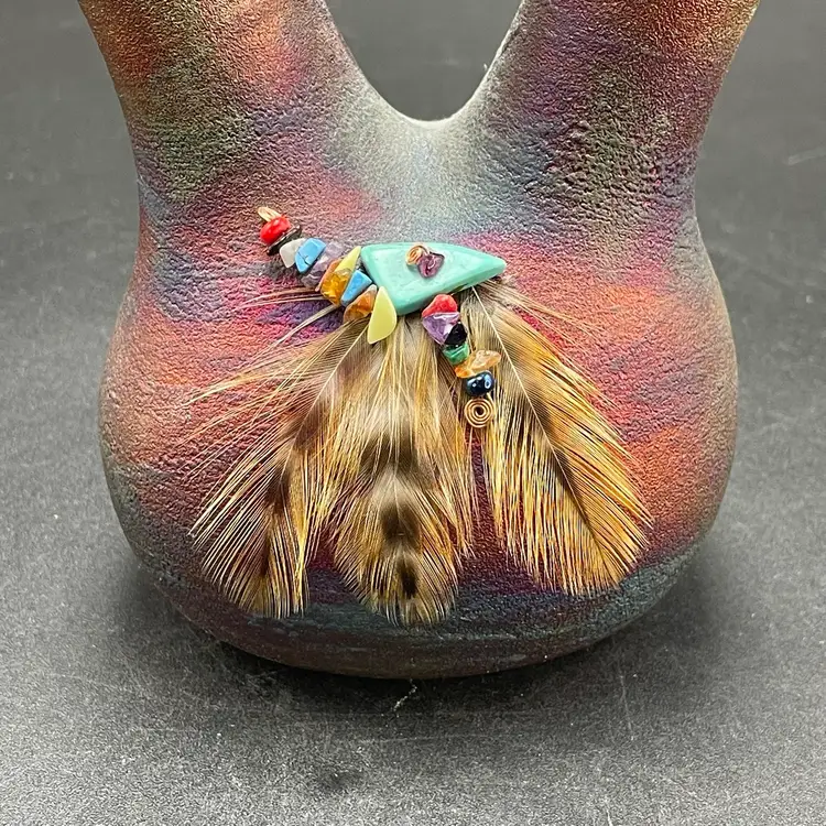 Jeremy Diller Raku Pottery Wedding Vase Jar Turquoise Feathers Signed