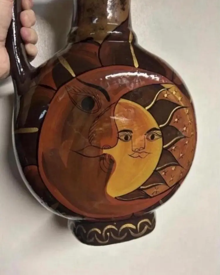 Gorgeous Hand Painted Sun And Moon Redware Pottery Vase Home Decor