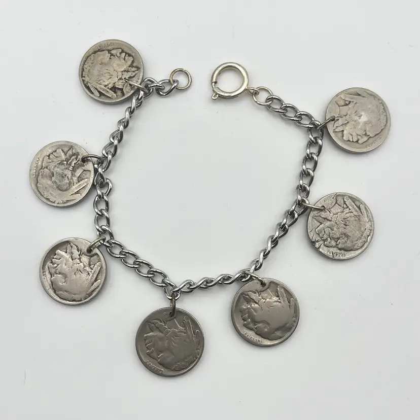 Vintage Buffalo Nickel Coin Charm Bracelet - 7.75”