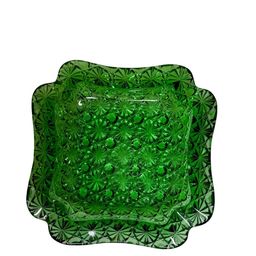 Vintage Emerald Green Square Ashtray Trinket Catch All Candy Dish Daisy & Button
5-3/4” W x 1” T