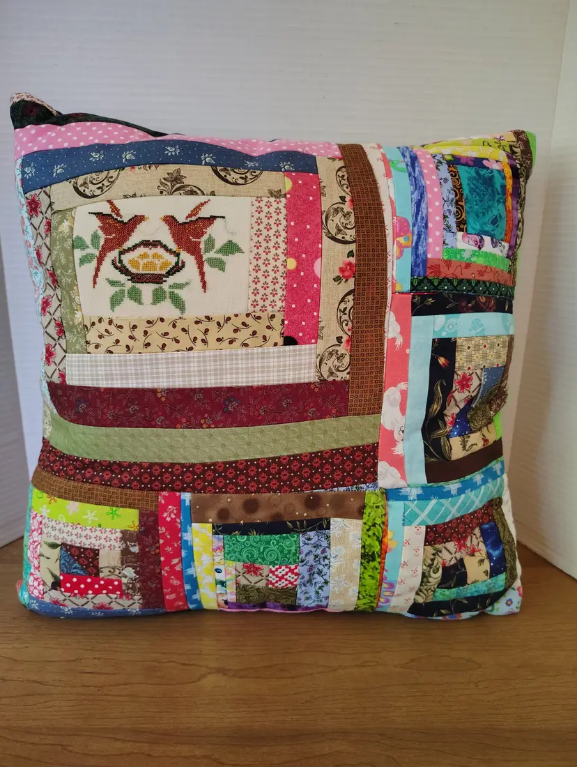 Vintage Handmade Quilted Patchwork Pillow Denim Cross Stitch Birds  Log Cabin