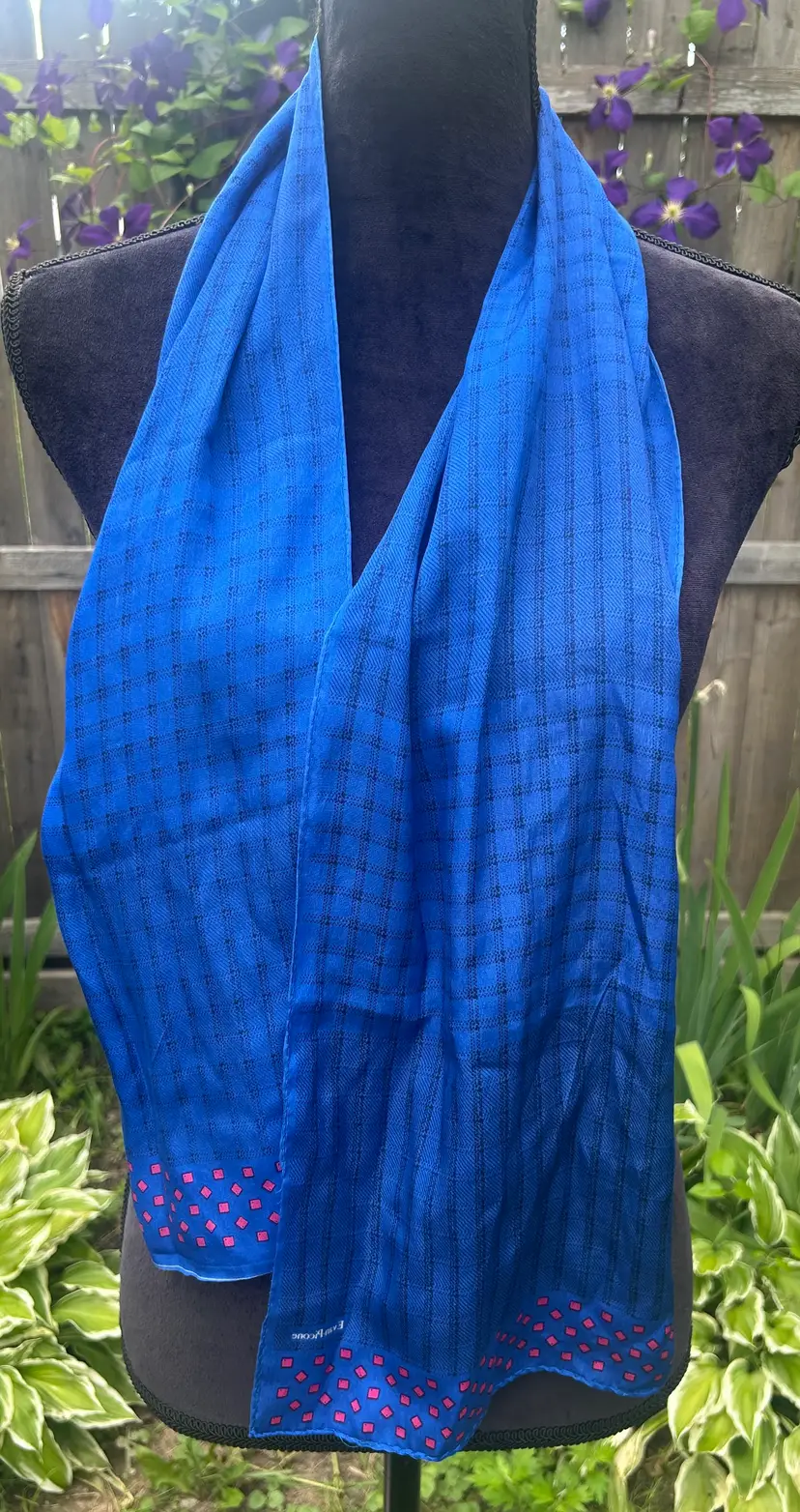 Vintage Evan Picone Blue with Pink Squares Scarf 10.50" x 52.50"