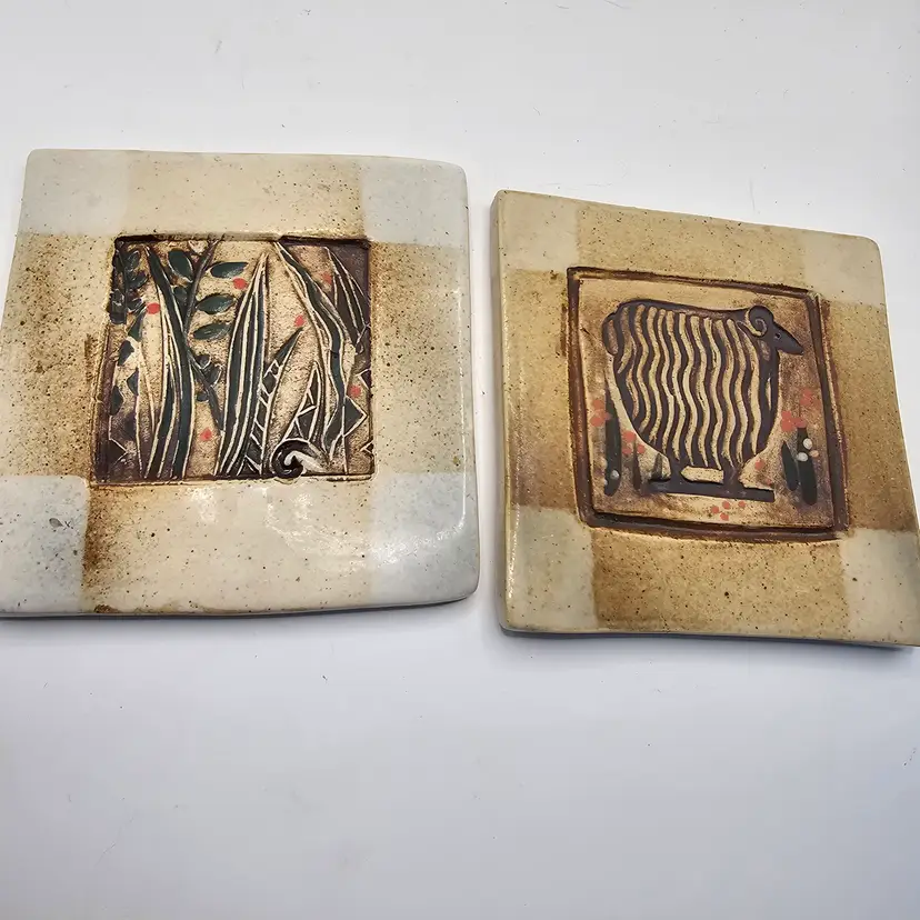 June Otis Pottery tile wall hanging set of two sheep plant Signed