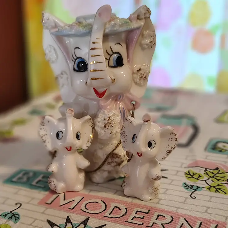 Vintage Chained Elephant Family | Kitschy Mid Century Mama and Baby Elephant Figurines | Porcelain Flowers and "Spaghetti" | Made in Japan