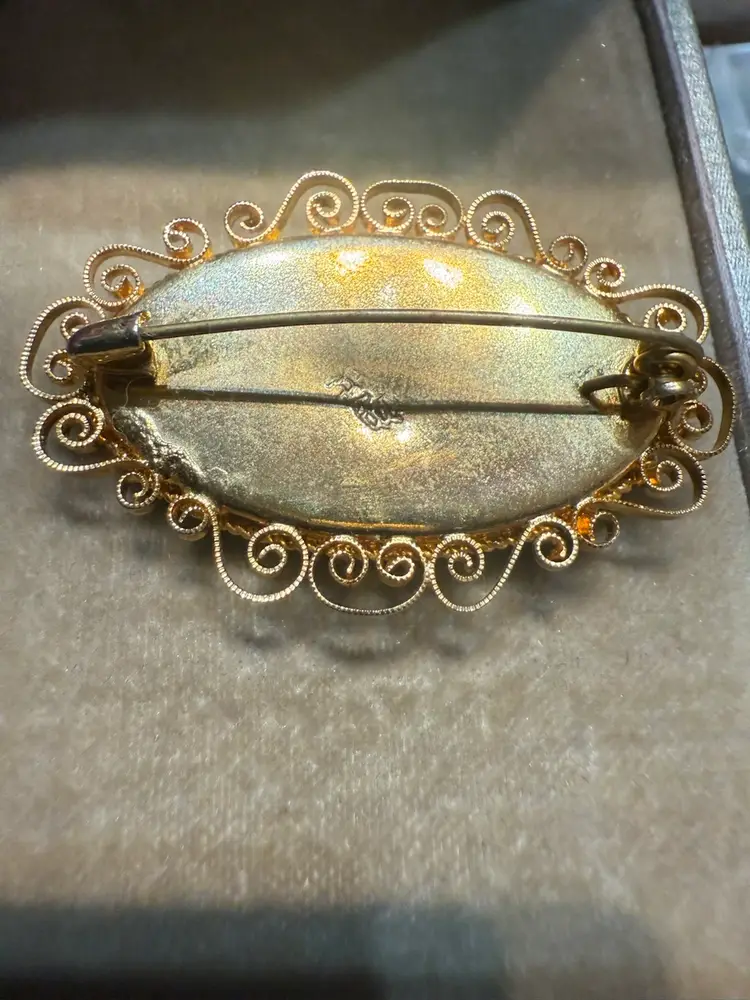 Vintage Italian Oval Blue Micro Mosaic With Gold Filigree Brooch