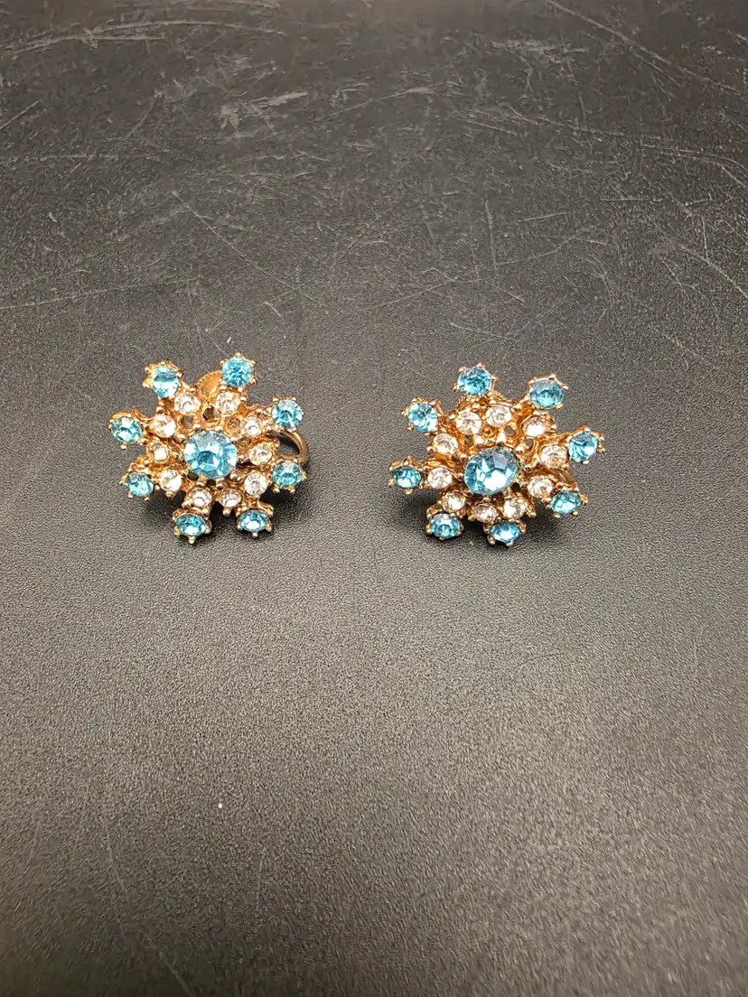 Blue Rhinestone Starburst Roll Back Earrings
