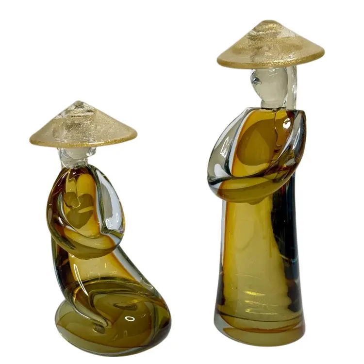 Pair of Murano Glass Asian Figurines Amber Sommerso-Gold Aventurine Hats  READ
7-1/2” T  &  5-3/4” T