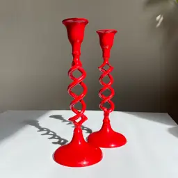 Vintage Red Brass Open Barley Twist Taper Candlestick Pair