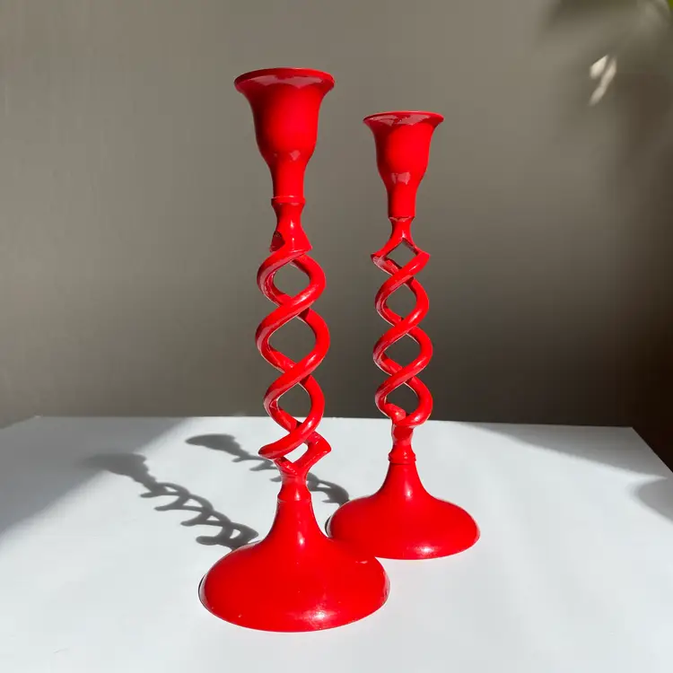 Vintage Red Brass Open Barley Twist Taper Candlestick Pair