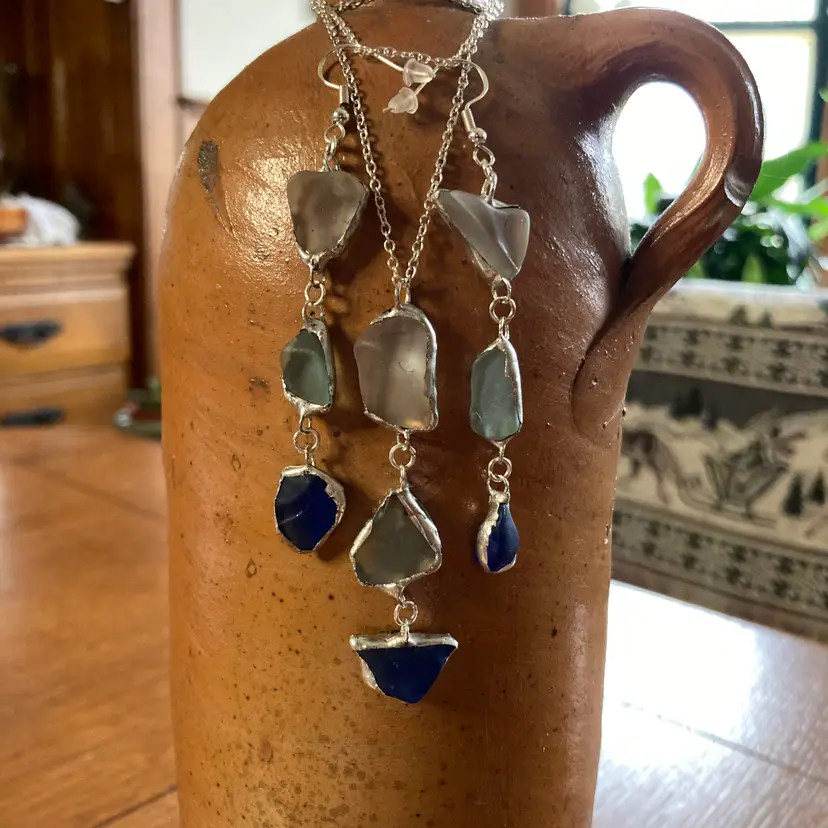 Erie Glass Artisan Made Frosted Light Blue And Blue Pendant And Dangle Earring Set Handcrafted Jewelry Set