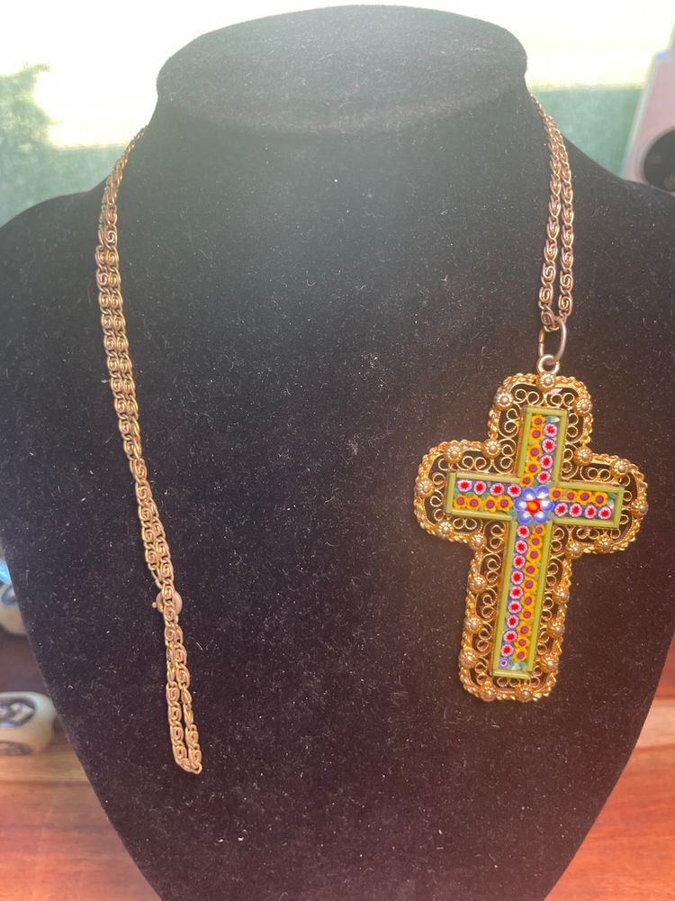 Vintage Italian Fllorentine Micro Mosaic Cross Necklace