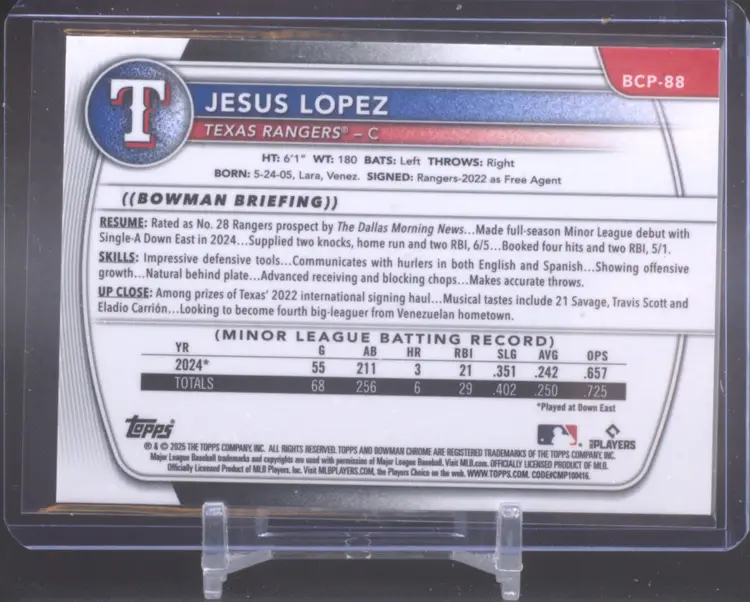 2025 Bowman Chrome Reptilian Refractor, Jesus Lopez, Texas Rangers