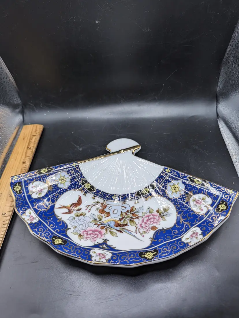 Vintage Porcelain Trinket Dish Made In Japan Birds Fan Shape