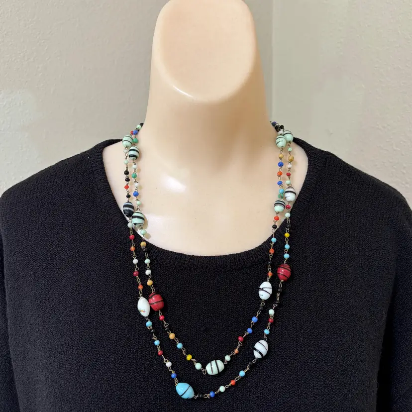 Czech Multicolor Glass Bead Necklace Swirled Brass Wire Deco Strand Vintage