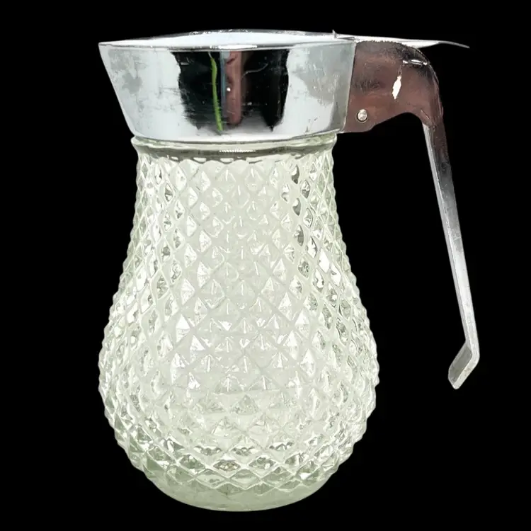 5” Vintage Syrup Honey Dressing Dispenser. Clear Glass Diamond Point Pattern. Strong Lever Action. Diner Style.