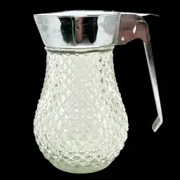 5” Vintage Syrup Honey Dressing Dispenser. Clear Glass Diamond Point Pattern. Strong Lever Action. Diner Style.