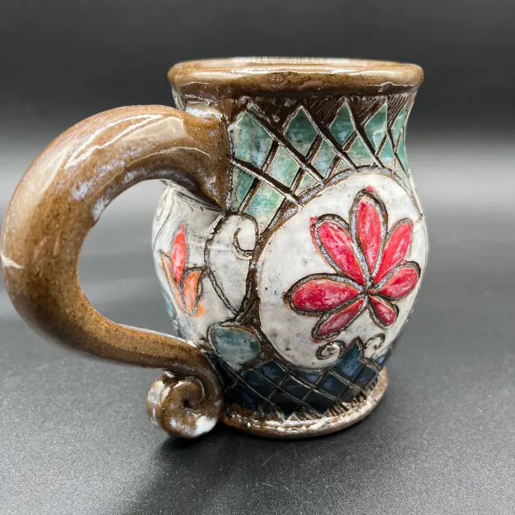 Mulligan Studio Pottery Mug by Deb Mulligan (Kentucky Potter) Flower and Heart Signed