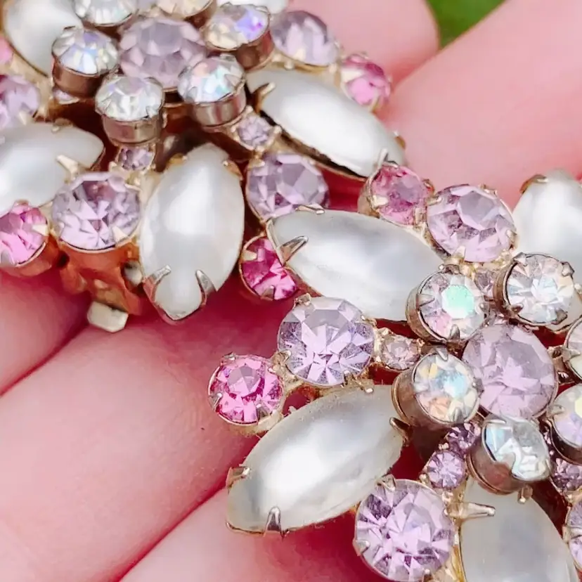 Vintage Mid Century Purple Pink Rhinestone Earrings Clip Ons