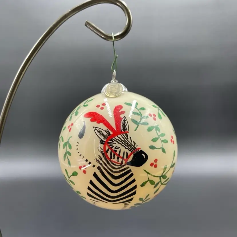 Pier 1 Glass Le Bien Hand Painted Zebra Zoo Animal Hanging Christmas Ornament