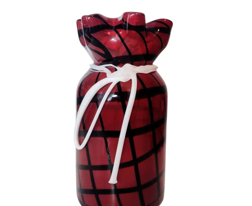 Hand Blown Art Glass Ruffle Cinch Bag Vase Red Check Plaid 8in Applied Tie