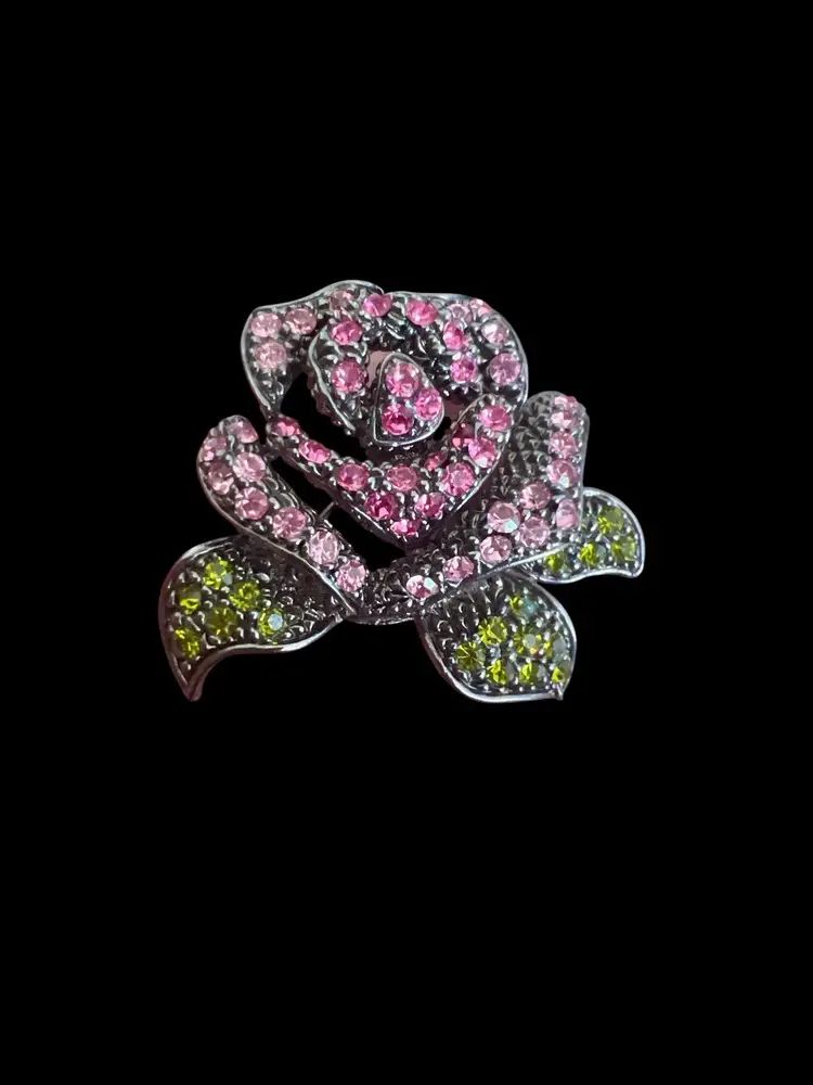 Vintage Pink Rhinestone Rose Green Rhinestone Leaves Brooch Pin #ofc-2