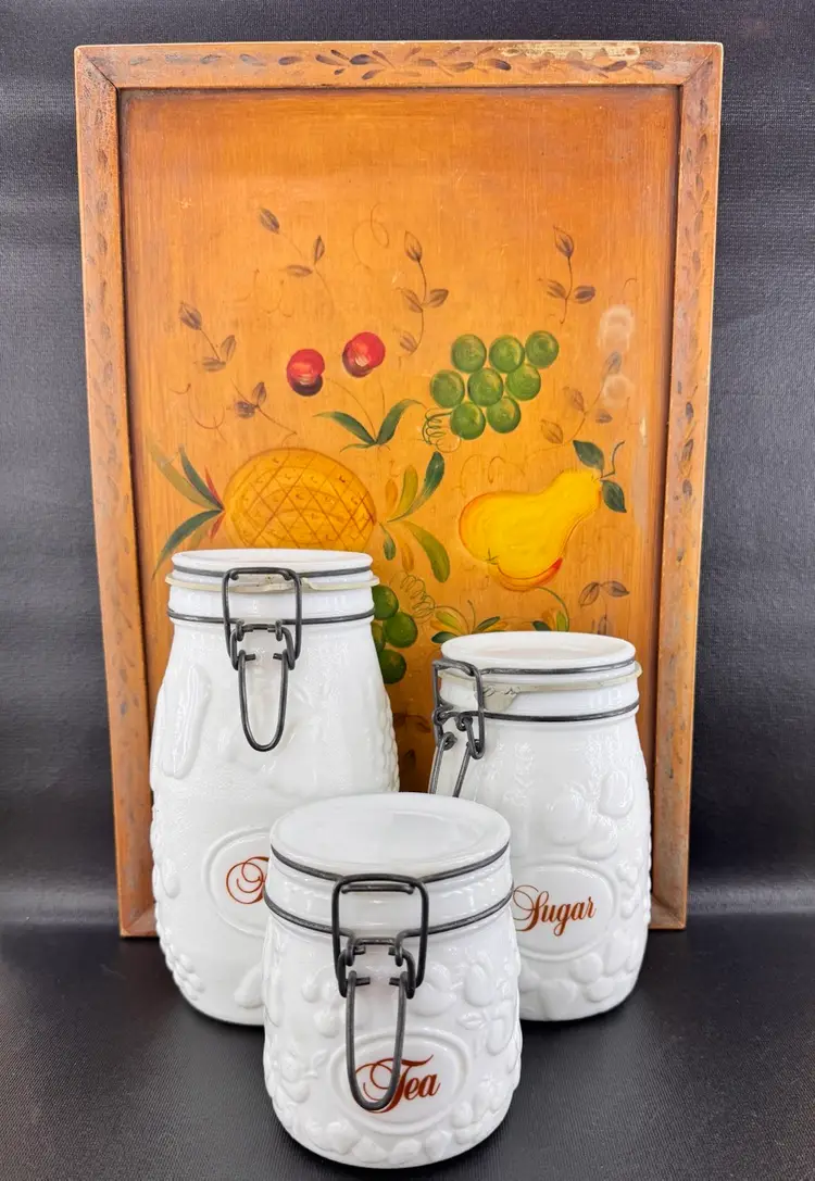 Fruits Of Your Labor Collection Fruit🍇🍊- Wheaton Milk Glass Fruit Embossed Canisters And Tray