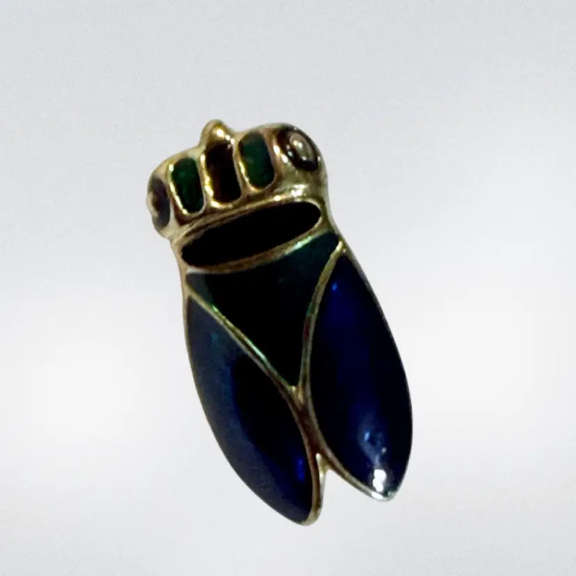Vintage Signed Diane Von Furstenberg Blue Green Enamel Insect Goldtone Brooch