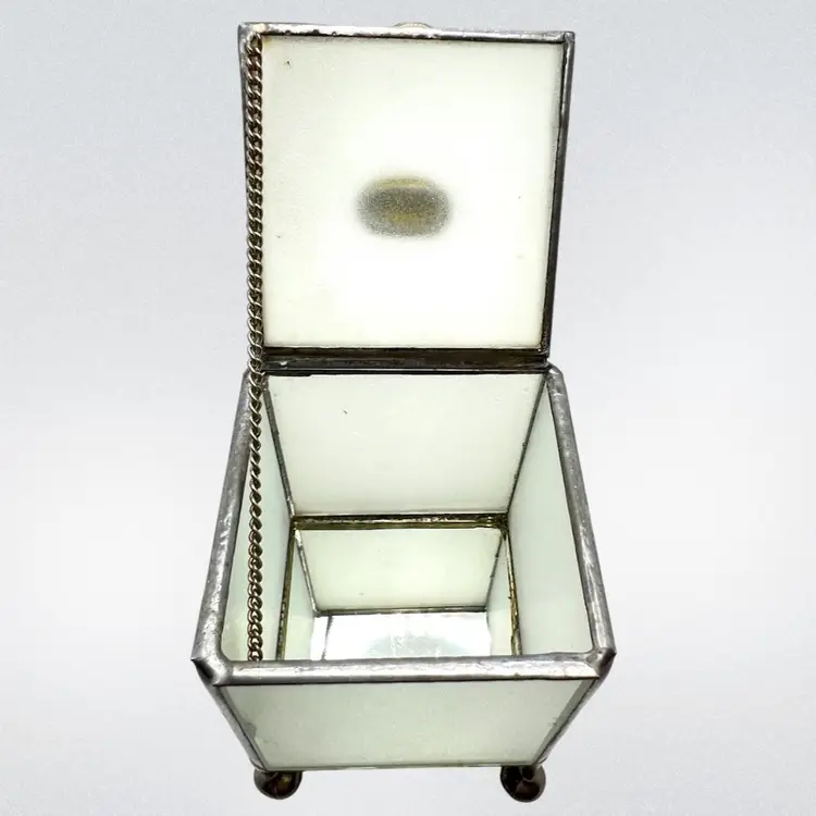 LOVE Frosted Glass Trinket Jewelry Ring Box. Mirrored Bottom Interior.
