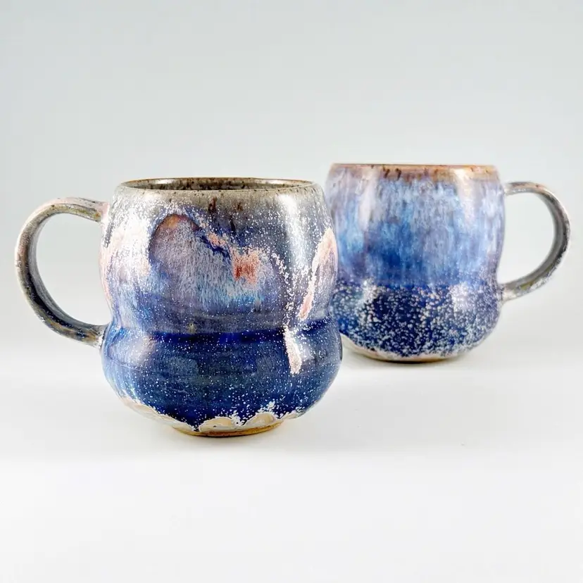 2 SCW Studio Art Pottery Mugs, Blue & Pink Drip Glaze, Round Ceramic Coffee Mugs