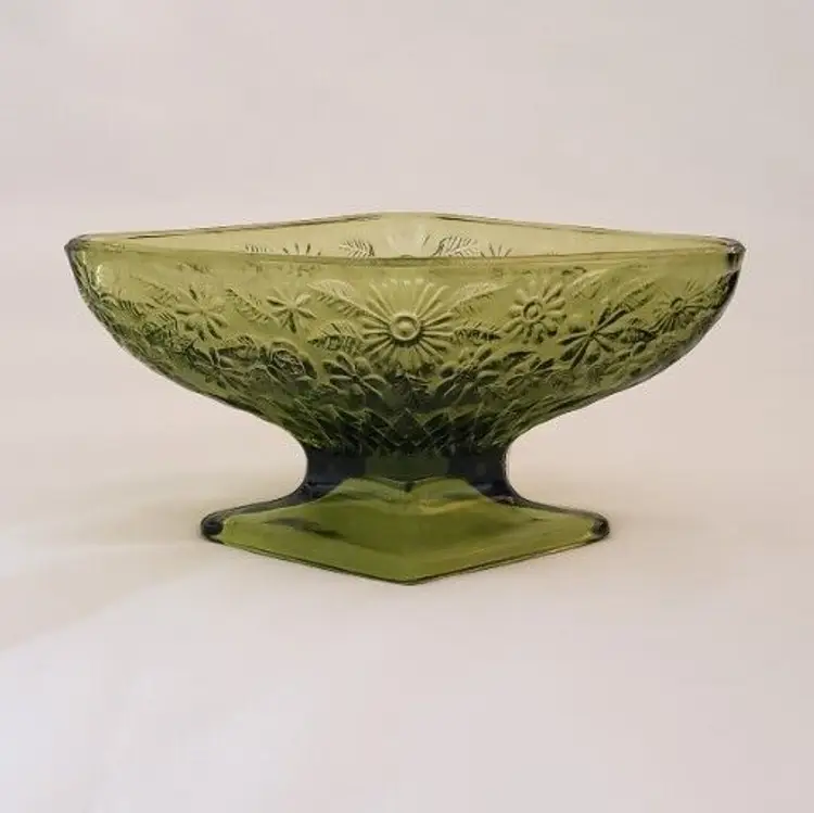 Indiana Glass Pineapple & Floral Green Diamond Shape Compote 6 1/2" Vintage