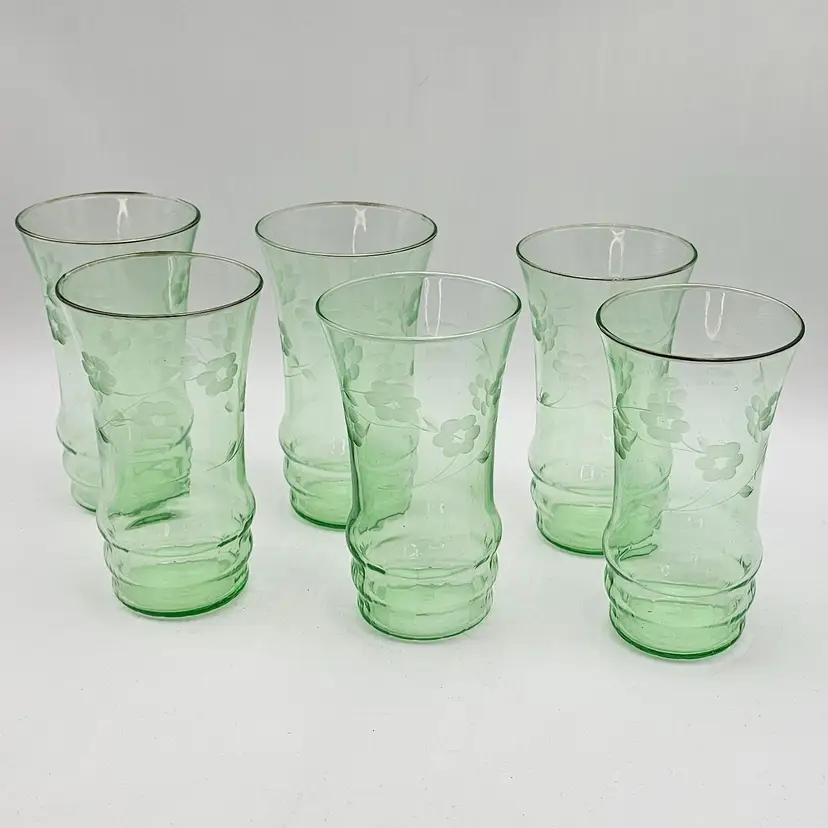 # 92 - Vintage Depression Vaseline Glass Green Floral Etched Juice Glass Set Of 6