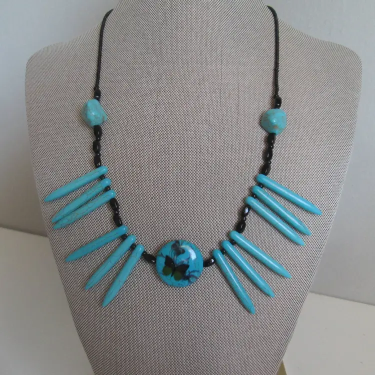 Vintage Turquoise Howlite Points and Black Glass Beaded Necklace with Butterfly Pendant