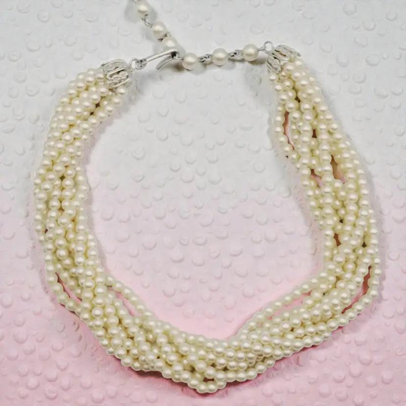 Vtg Faux Pearl Bead Eight 8 Strand Twisted Silver-tone Necklace Japan Short 15"