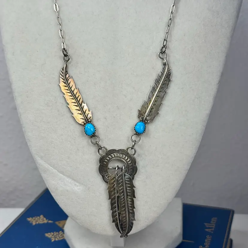 Sterling Silver Navajo Turquoise Feather Necklace 16”