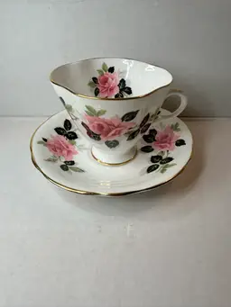 Clarence Bone China Flared Teacup & Saucer Pink Roses &! Black Leaves Gold Trim