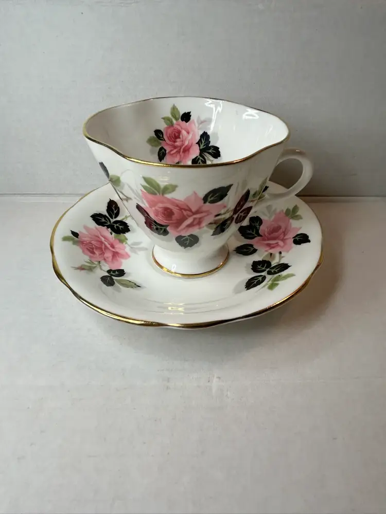 Clarence Bone China Flared Teacup & Saucer Pink Roses &! Black Leaves Gold Trim
