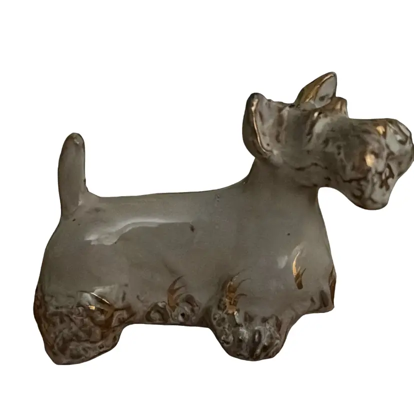 Vintage Redware Terrier Dog Figurine Grey Gray With Gold Accents