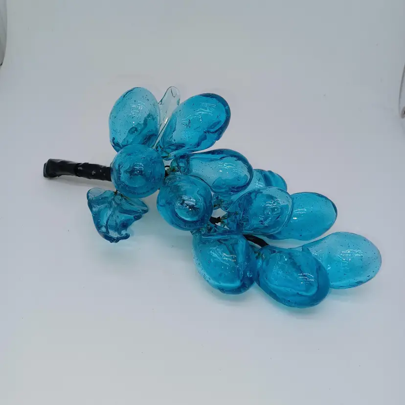 MCM Blown Glass Grape Cluster Artisan Aqua Blue Teal Table Fruit Vintage