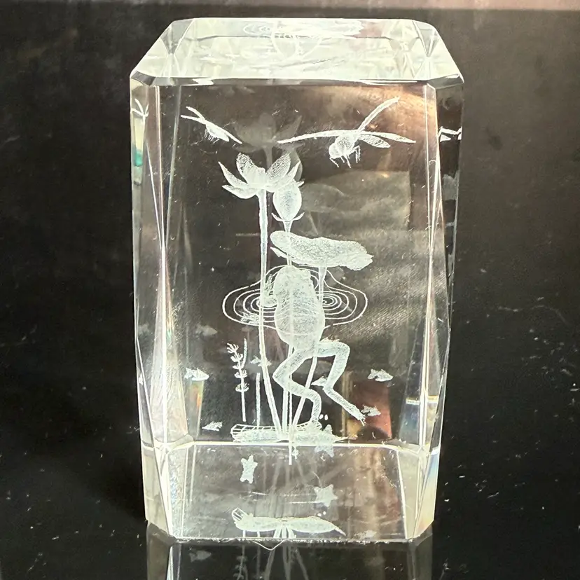 Frog 🐸 And Dragonflies In Pond Laser Etched Clear Glass Paperweight 3” x 2”