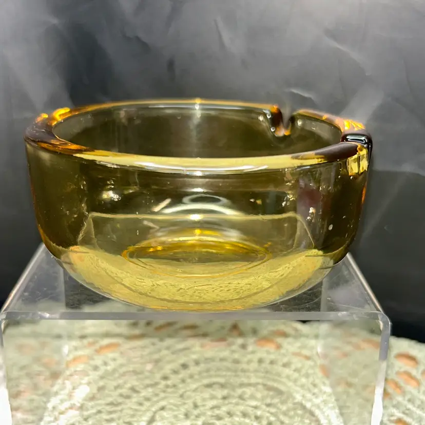 Amber Colored Glass Ashtray Tabletop Round, Two Slots, MCM