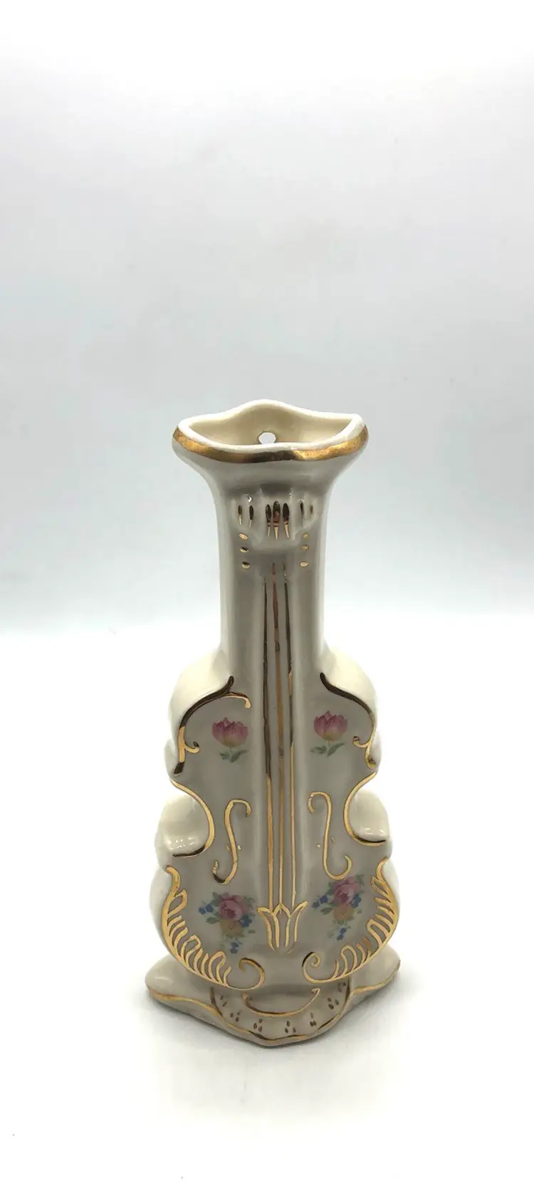 Gorgeous Vintage Cream with Gold Detailing Violin Bass Cello Wall Pocket Vase