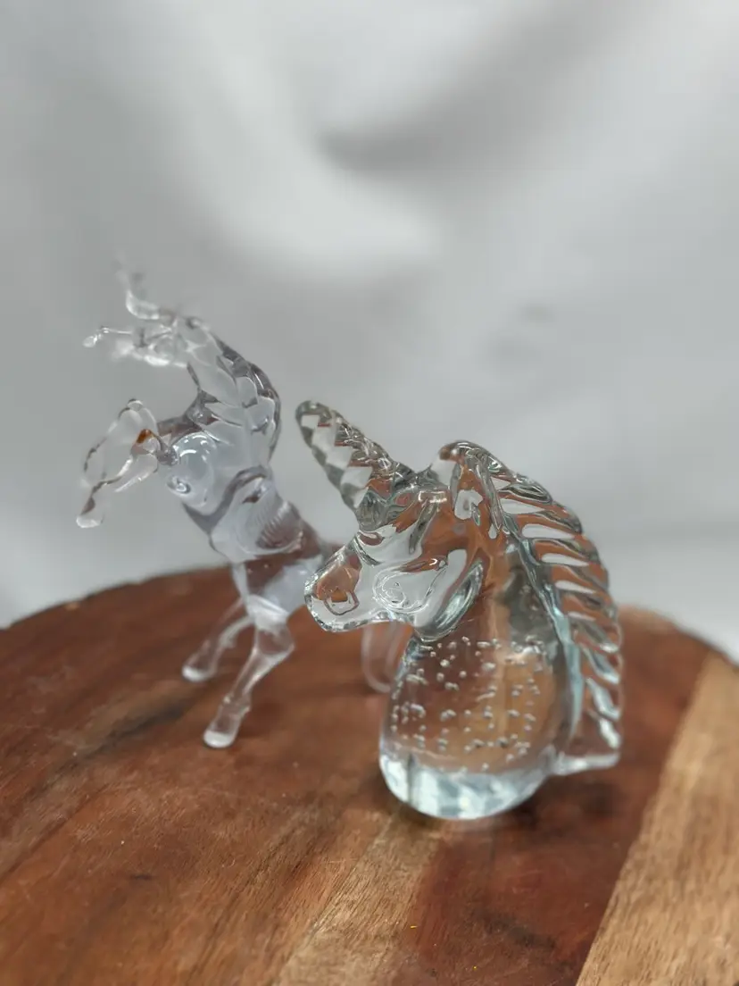 Glass Unicorn 2 Paperweights Figurines Shelf Sitter