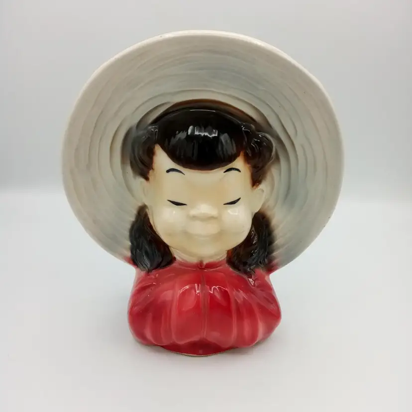 #001 - Vintage Royal Copley 7.5”  Asian Girl Ceramic Head Vase Wall Pocket