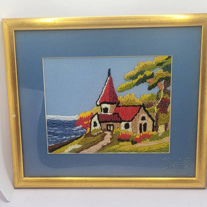 Vintage Framed Bunka Needlepoint "Little Church by the Lake" designed by Bob Shafor for The Creative Circle 10" x 9"