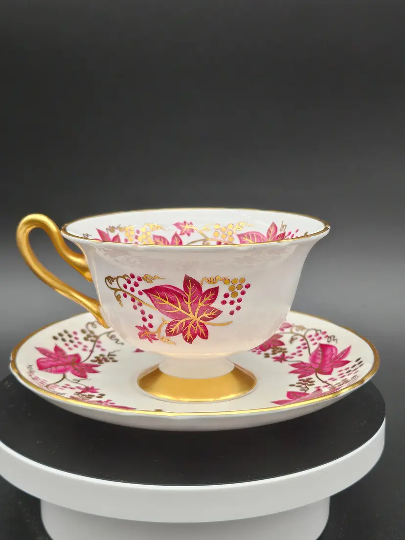 Shelley Teacup Saucer RARE  Mauve Red Grapes Leaves Gold Trim Made In England