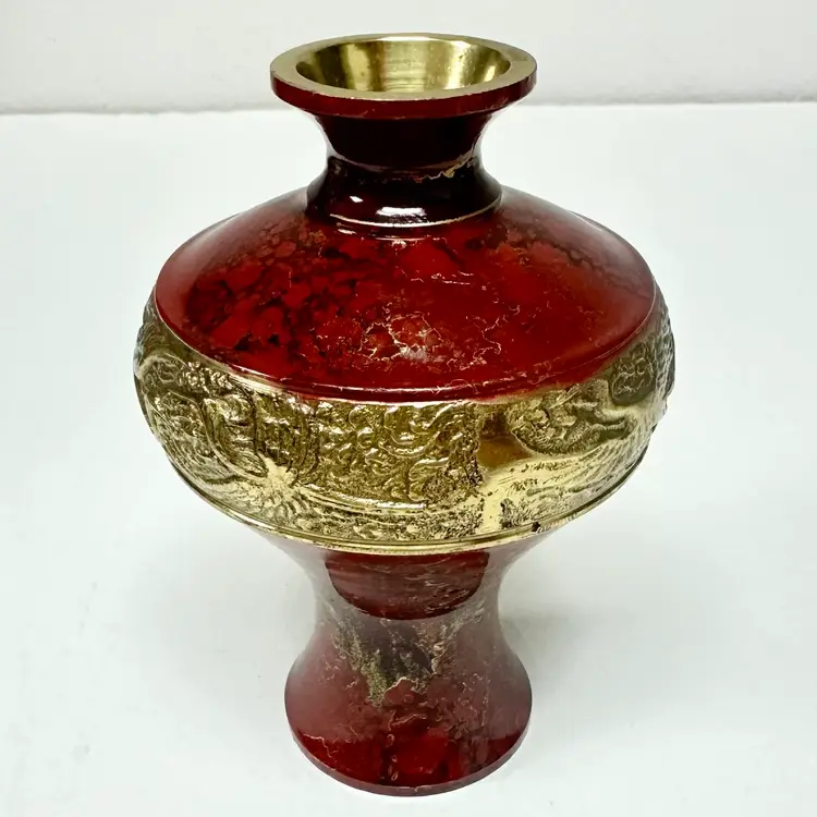 Solid Brass Vase With Red Marbled Enamel Vintage Cranes 6" Tall Asian Decor