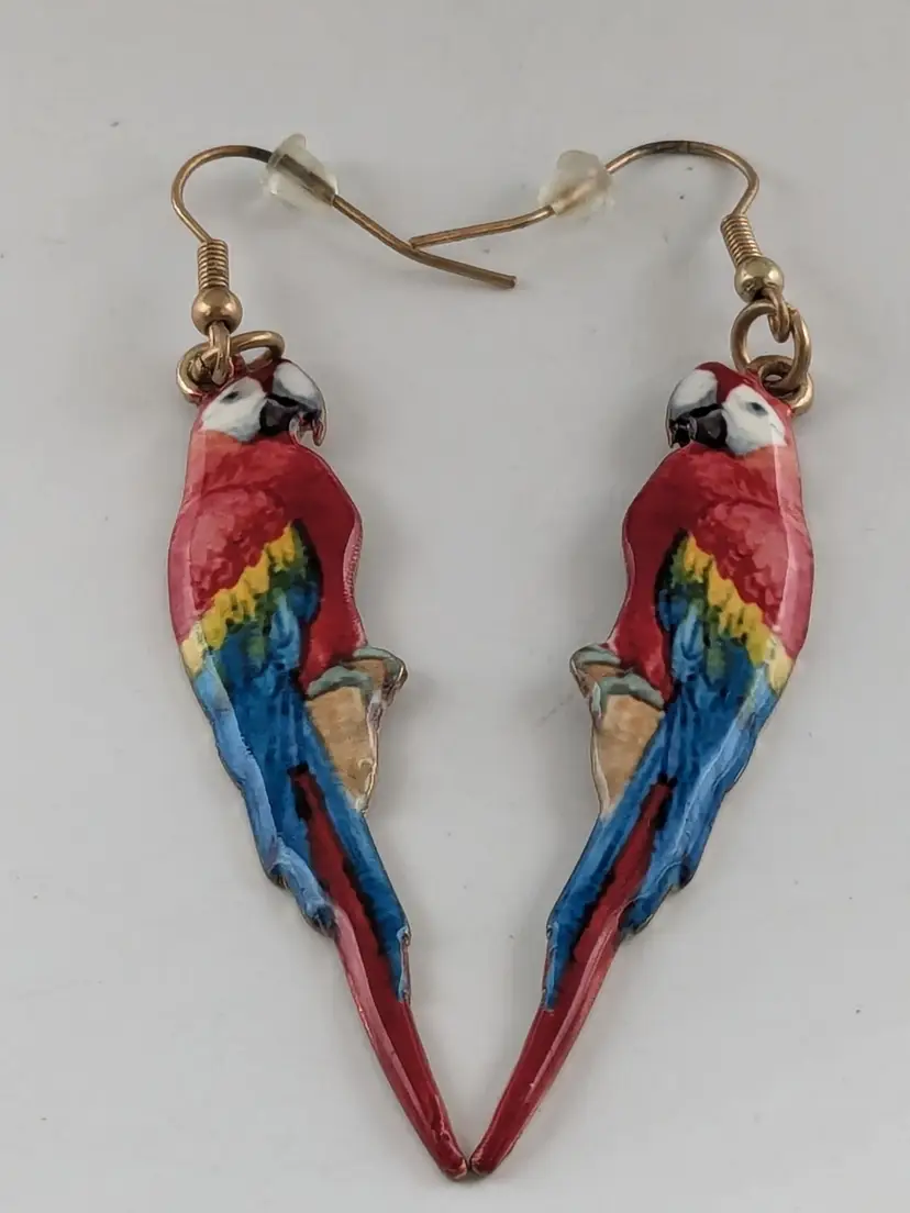 Parrot Colorful Enameled Pierced Earrings Gold Tone