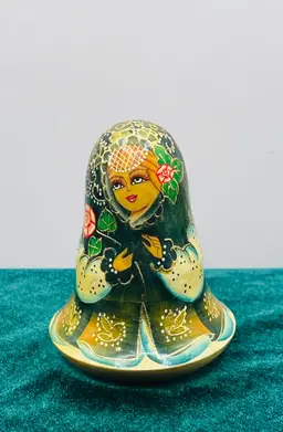 5.5” Russian Hand Painted Emerald Green w/ Flowered Design Matryoshka Chime Bell Poly - Stamped Russian